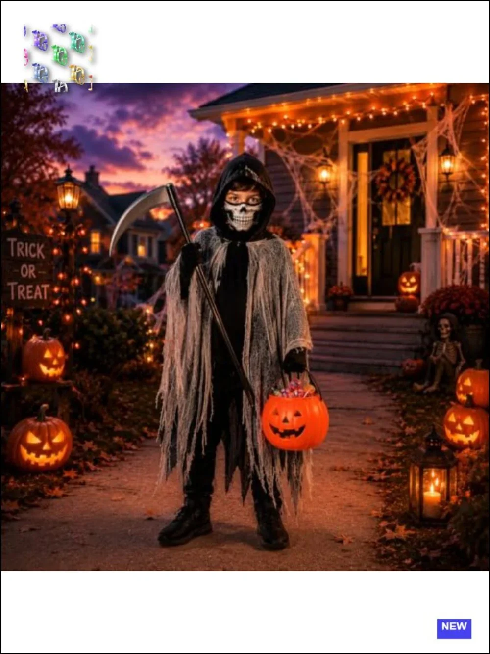 Grim Reaper Costume for Kids, 4-Piece Halloween Cloak Set with Mask, Gloves,